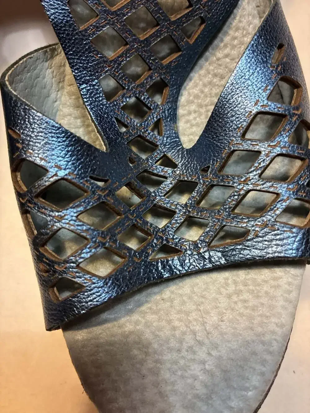 Eric Michael Metallic Blue Leather Cutout Wedge Sandals Made in Portugal